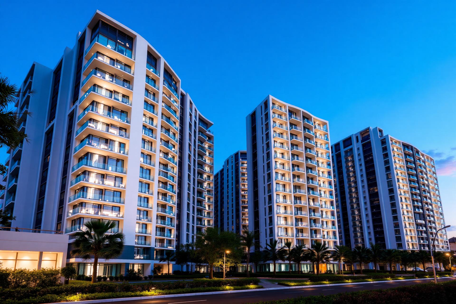 Nakshtra Gravity residential towers at dusk